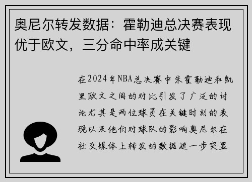 奥尼尔转发数据：霍勒迪总决赛表现优于欧文，三分命中率成关键