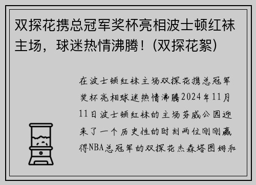 双探花携总冠军奖杯亮相波士顿红袜主场，球迷热情沸腾！(双探花絮)