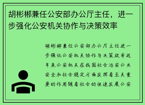 胡彬郴兼任公安部办公厅主任，进一步强化公安机关协作与决策效率