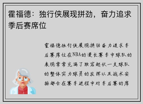 霍福德：独行侠展现拼劲，奋力追求季后赛席位